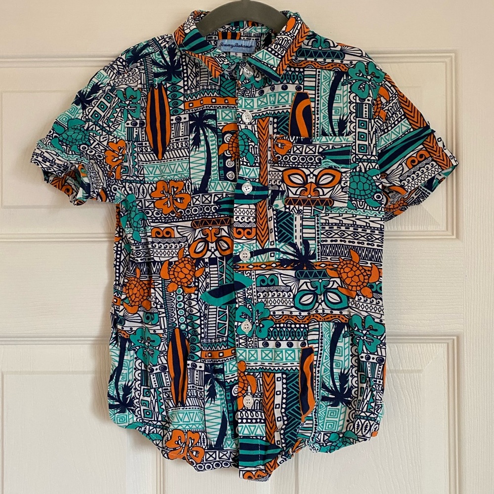 Tommy Bahama Hawaiian Print Button Up Shirt Sea Turtle Surf Palm Trees